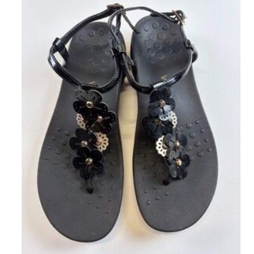 Vionic Julie II Black Patent Floral Orthotic Thong Sandals Women 8 a5